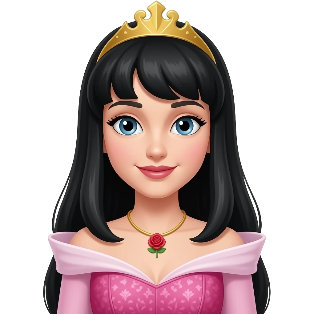 Princess Aurora but the hair is black. Then change the necklace into a red rose necklace the dress should be a pink one like sleeping beauty. Can you straighten the hair emoji