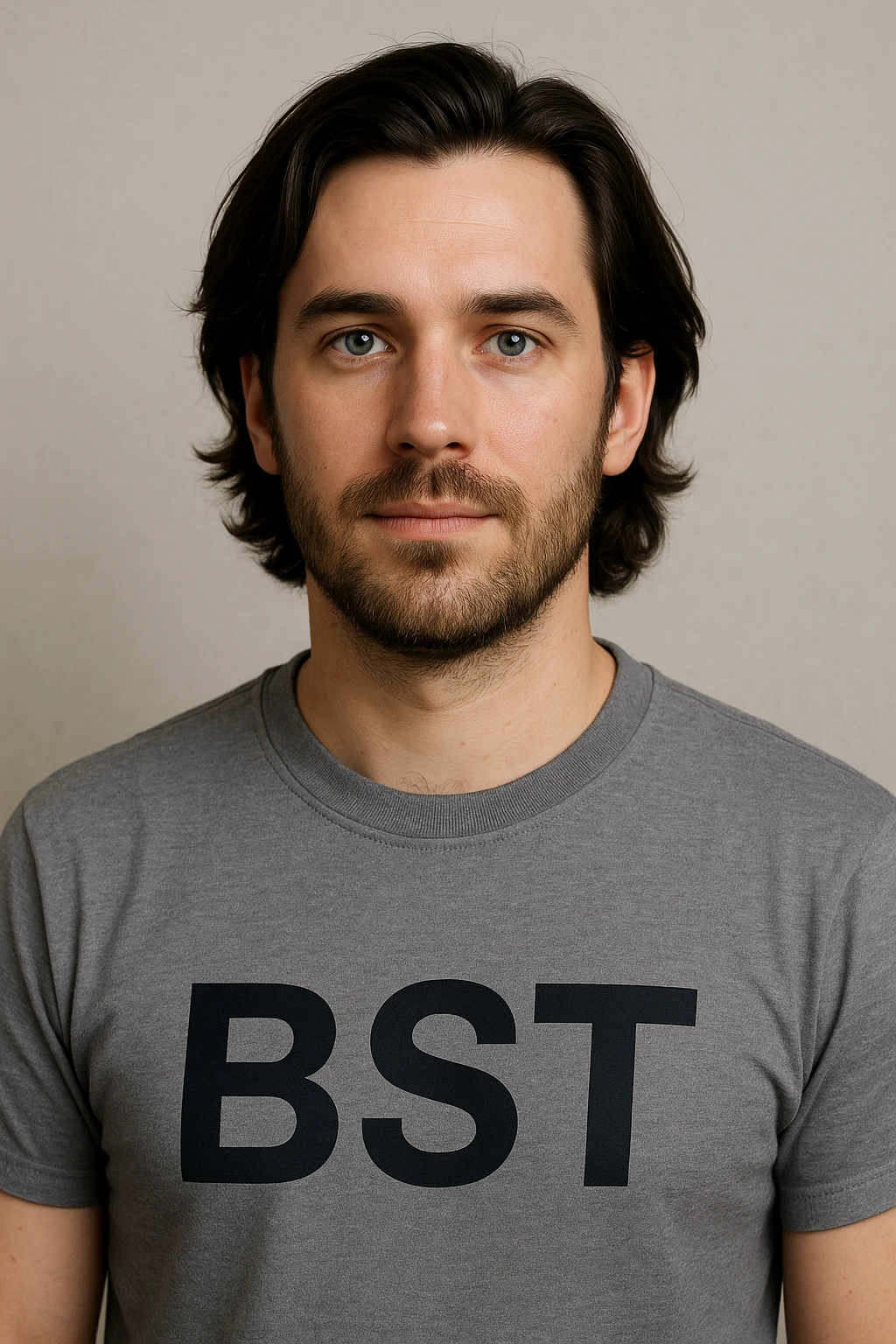 male avatar, 30 years old, Caucasian with white skin, dark slightly long hair, blue eyes, shown from chest up, wearing a shirt with 'BST' written on it emoji