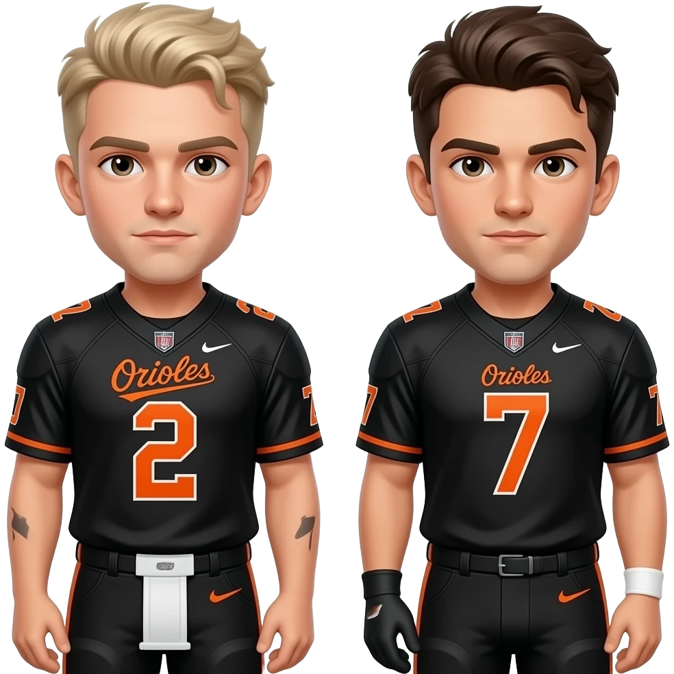 make a white 22 year old with a dirty blonde low taper fade wearing a football jersey with the number 2 looking tuff with a brown 22 year old wearing a football jersey and the jerseys are black with the number 7 and the jersey says orioles in orange on both jerseys emoji