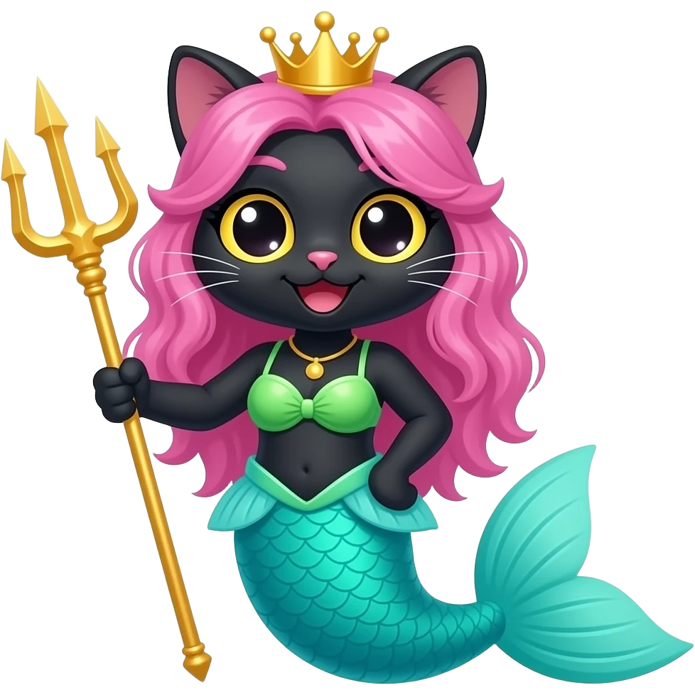 black anthro cat  happy #B8FFFF mermaid tail and   pink hair golden crown green swimsuit s holding a  golden trident emoji
