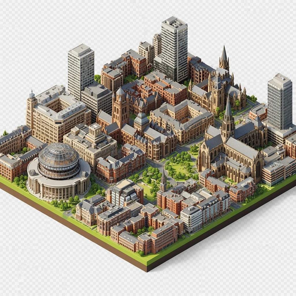 Isometric illustration-model of panorama view Birmingham with photorealistic main buildings, balanced between stylized and realistic, 3D miniature effect, transparent background. emoji