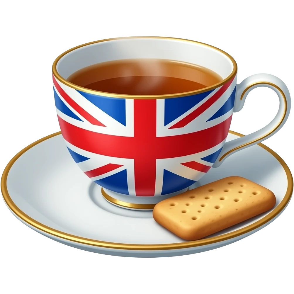 British teacup with a biscuit on the saucer, isolated, centered, no background, no table, no scenery, no text, elegant porcelain, warm tea, cozy London afternoon tea feeling emoji