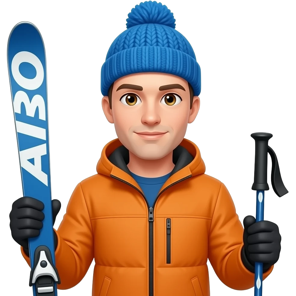 man, clean shaved, holding blue and white patterned skis in one hand and poles in the other, no helment, hazel eyes, organge jacket, bright blue wooly hat emoji