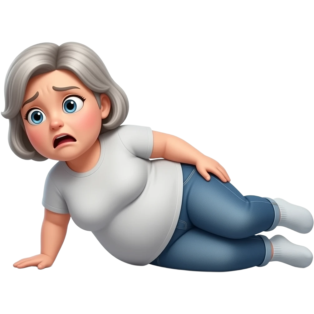 The whole body of a mildly obese elderly woman with short hair wearing jeans and a t-shirt and socks with the look of painful surprise who fell to the floor on her left side emoji
