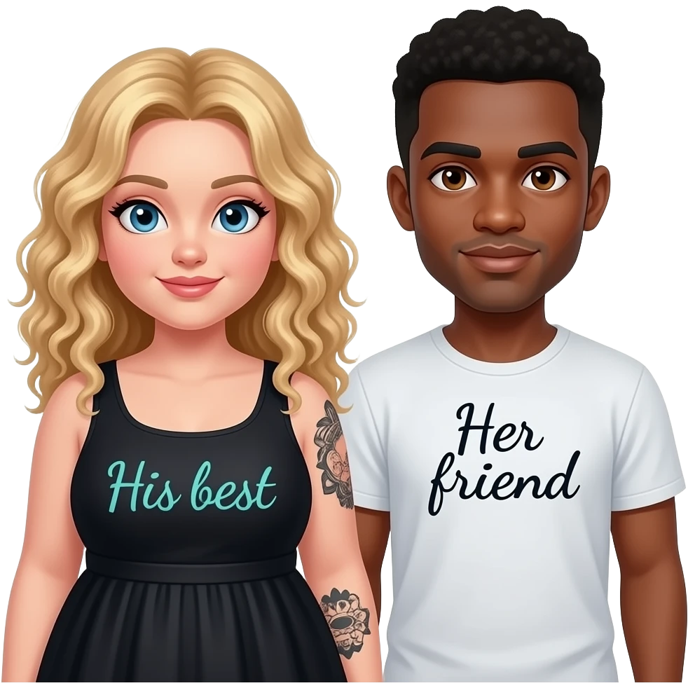 Plus size girl, Blonde curly hair, blue eyes, black tattoos on right lower arm, wearing no sleeve black summer dress saying “His best” written in teal cursive writing & African American man with black hair, brown eyes, NO facial hair, saying “Her friend“  on his shirt emoji
