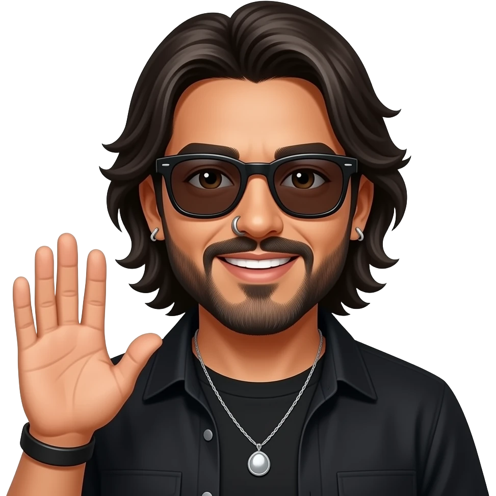 The handsome manly Latino podcast host with medium length hair, a long slightly graying beard and tattoos with his ears pierced 1 time each ear and a nose ring on the right side, dark brown eyes, wearing black, dark sunglasses, and jewelry, saying hello emoji
