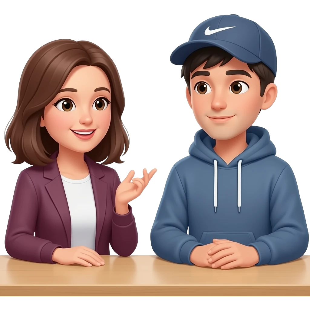 Adult woman brown hair talking to adult man dark hair, sitting at a table next to a teenager wearing a cap and a large sweatshirt emoji