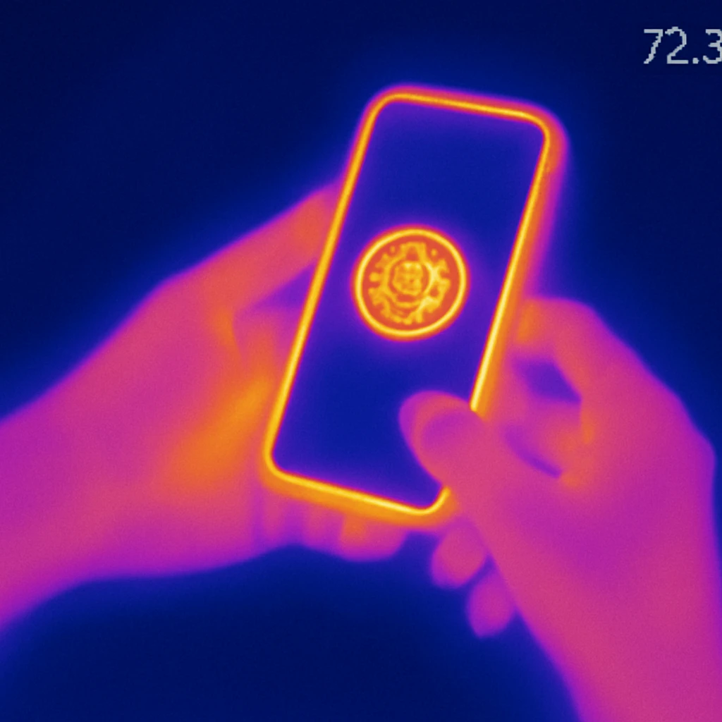 Can you please render an image of a digital artwork with a dreamy, cosmic aesthetic. It shows two beautiful feminine stylized hands left and right (in purples and pinks) seemingly holding or manipulating a floating phone with a dark screen and with its borders glowing and has a glowing small circle logo that’s attached in the image and that radiates warm colors—yellow, orange, and magenta. Make the image 3D and look more like an artistic glassmorphism type. Make the image look HD and quality  emoji