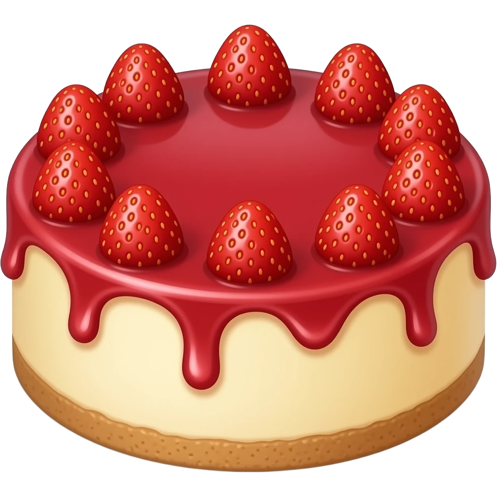 A big full circle Cheese cake with gram cracker crust and a strawberry with strawberry purée drizzle emoji