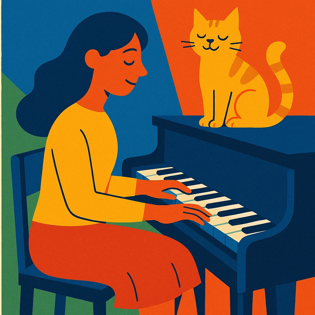 woman playing piano while her cat sits on top of the piano emoji