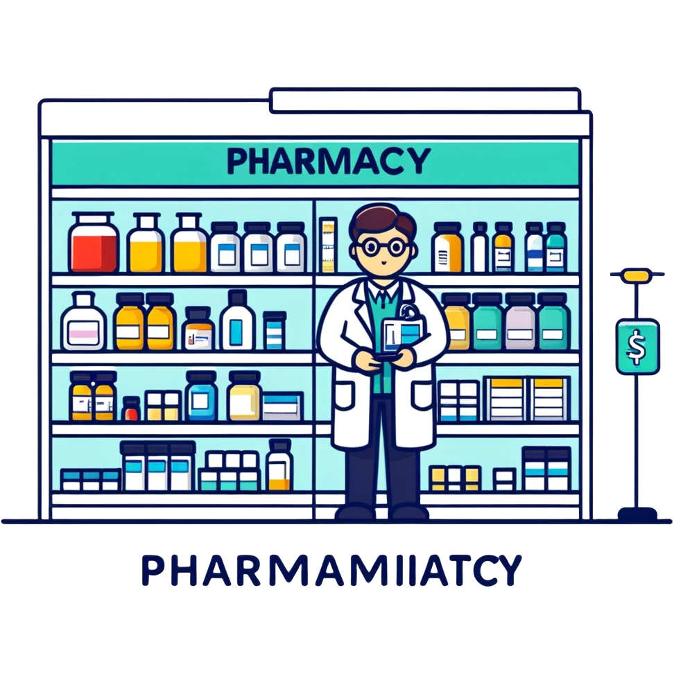 pharmacy shelves, pharmacist, sign emoji