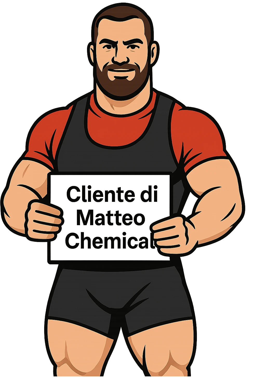 Powerlifter con in mano una targa o un foglio con scritto "Cliente di Matteo Chemical" emoji