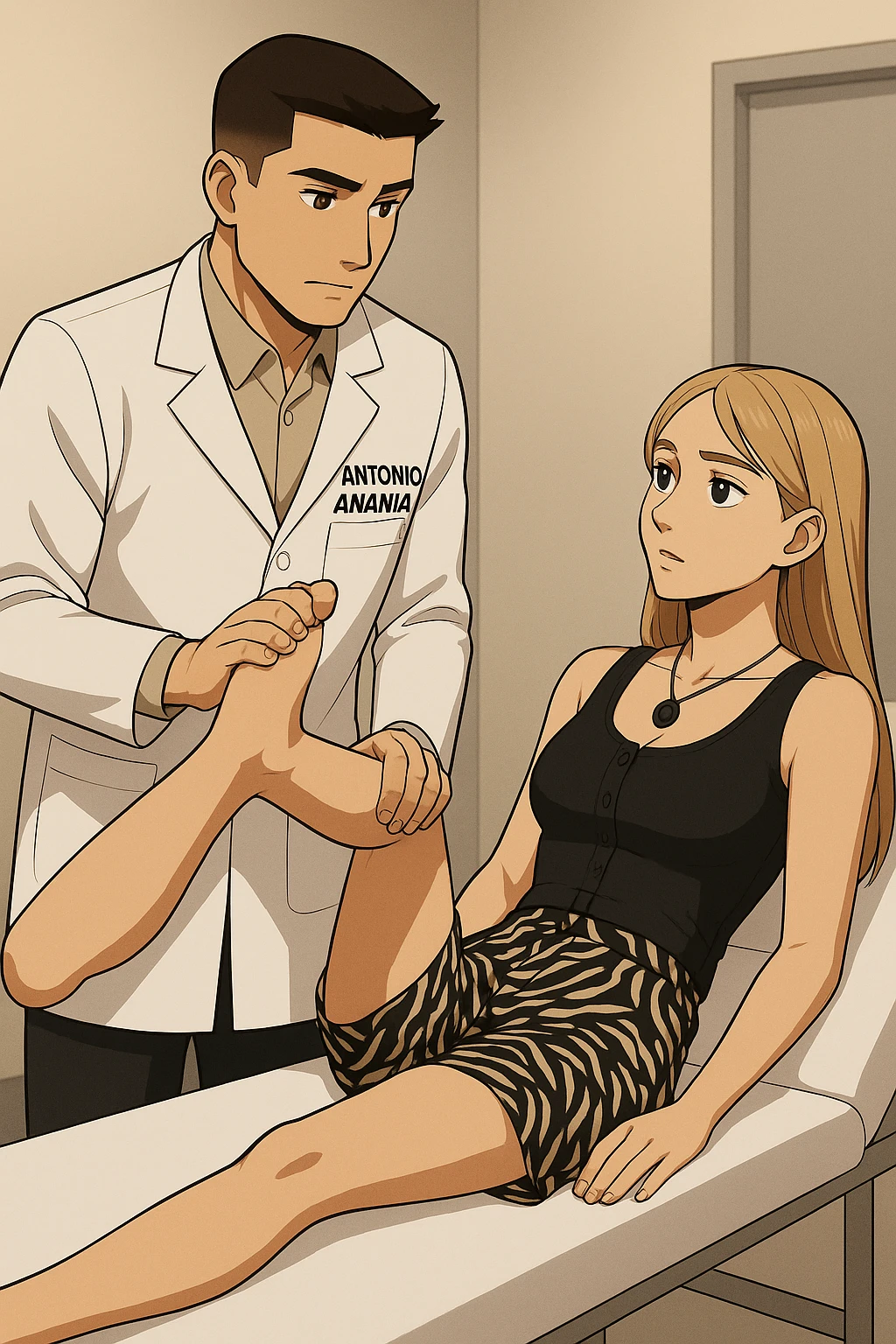 fai un webtoon/manga a colori con questo kinesiologo in camice bianco (fagli la scritta "ANTONIO ANANIA" SUL CAMICE) CHE SVOLGE UN TEST NEUROMUSCOLARE SOLLEVANDO UNA GAMBA ALLA RAGAZZA CHE è STESA SU UN LETTINO BIANCO. DURANTE IL TEST I DUE DIALOGANO TRA LORO. NON FARE I FUMETTI, FAI SOLO LORO COME SE DIALOGASSERO emoji