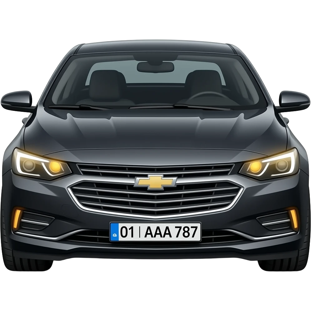 A realistic icon emoji of a metallic black sedan Chevrolet Malibu 2.0L Turbo Premier, dark charcoal tint windows, black alloy 5-spoke rims, Dynamic amber glow LED headlights with sharp laser-beam effect, uzbekistan flag region, number texts "01 | AAA 787" in plate emoji