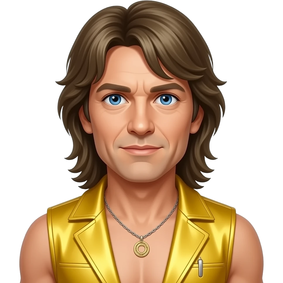 Björn Ulvaeus from ABBA with blue eyes, long dark blonde hair, yellow metallic vest, shirtless with necklace emoji