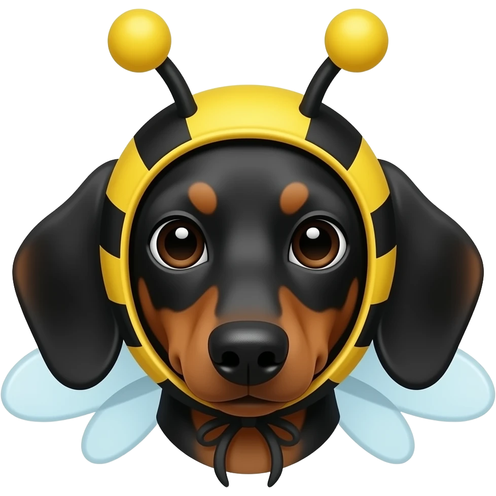 short-haired dachshund head with black/brown fur wearing bee costume emoji