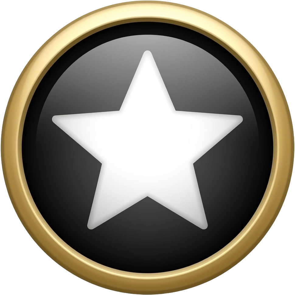 A high-quality 3D emoji icon of a white five-pointed star inside a circular glossy black badge. The badge has a thick, polished gold metallic rim. Soft cinematic lighting, Apple-style memoji aesthetic, isolated on a plain white background, 8k resolution, rendered in Octane, vibrant and clean. emoji