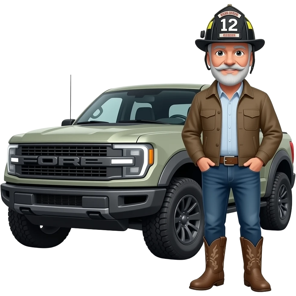 Ford bronco Cartoon emoji-style grey haired man in jeans, cowboy boots, and a firefighter helmet with 12 on the front standing next to marsh gray colored 2025 ford emoji