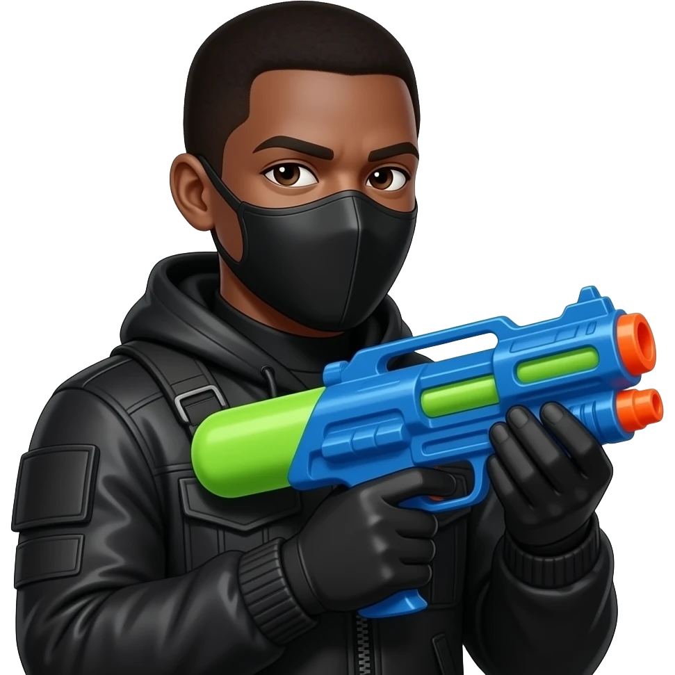 Make him appear to be African-American in all black, but make him holding a water gun wearing a mask emoji