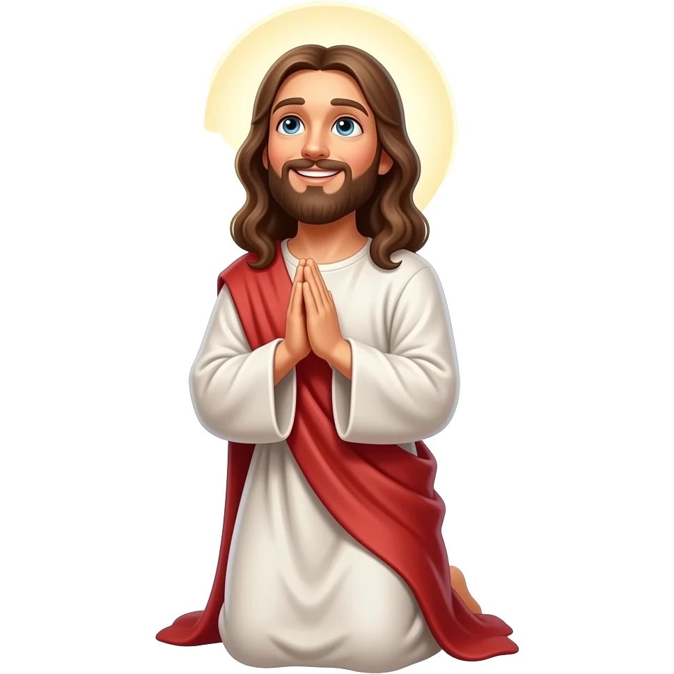 Jesus with a halo looking up smiling and praying on his knees to God emoji
