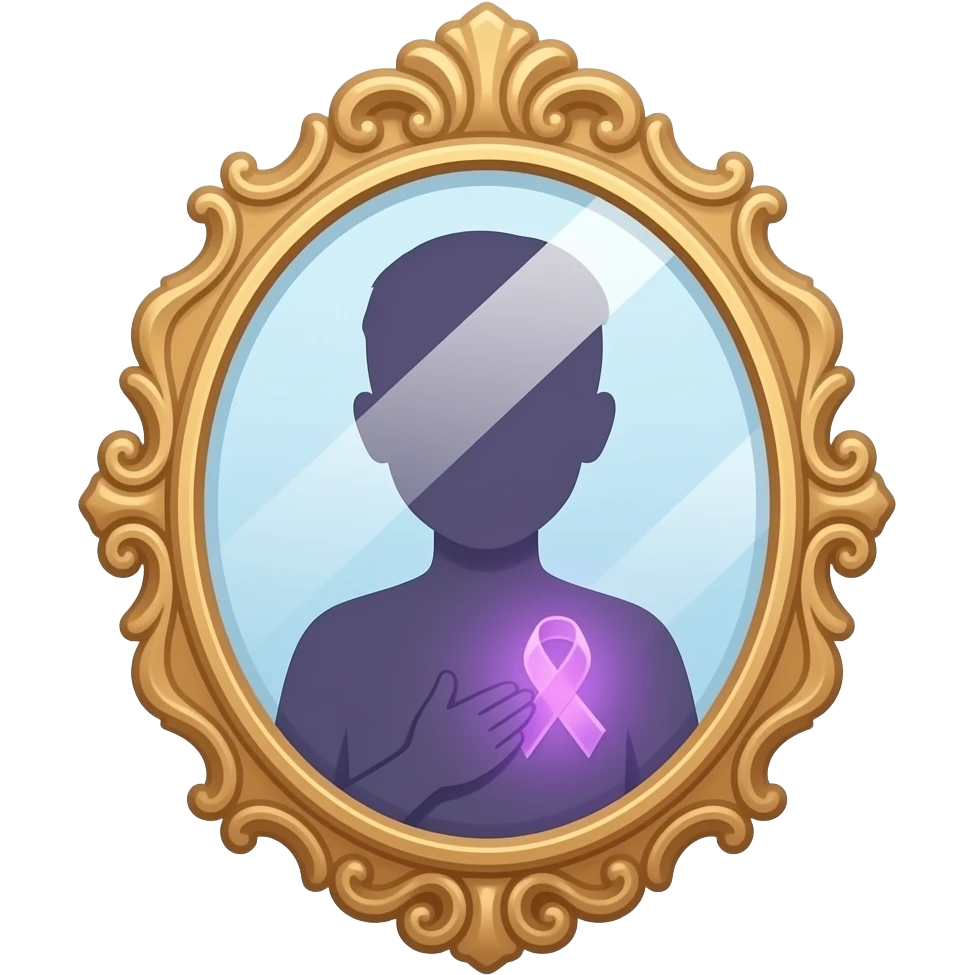 detailed and ornate mirror who reflecting a human silhouette with a glowing purple ribbon on the chest, symbolizing fibromyalgia awareness, soft gradients, subtle sparkle highlights, cute and minimal, transparent background emoji