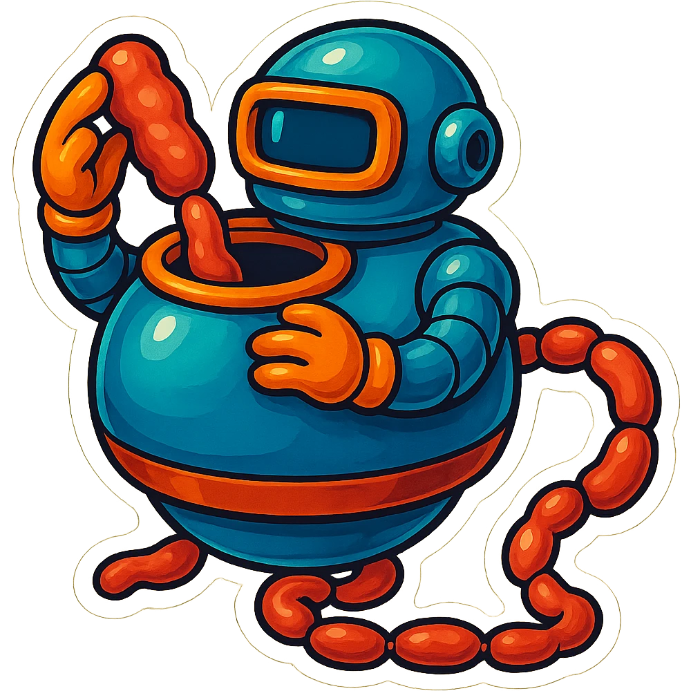 a robot that uses arms to put meat in large hole on top. sausage links come out robots rear. no legs on robot. robot hovers. robot feeds itself meat emoji