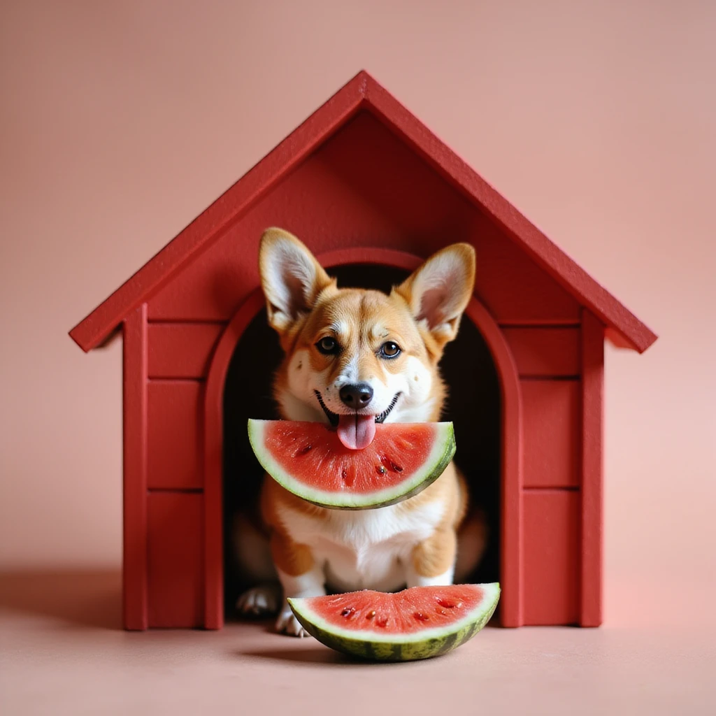 realistic red dog house with a Corgi dog inside, Corgi with a watermelon slice, photorealistic style emoji