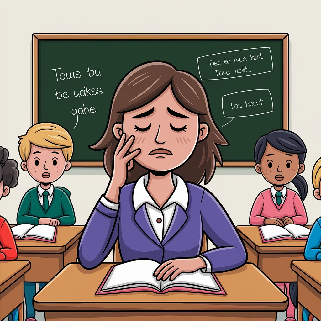 exhausted teacher in a bustling classroom emoji