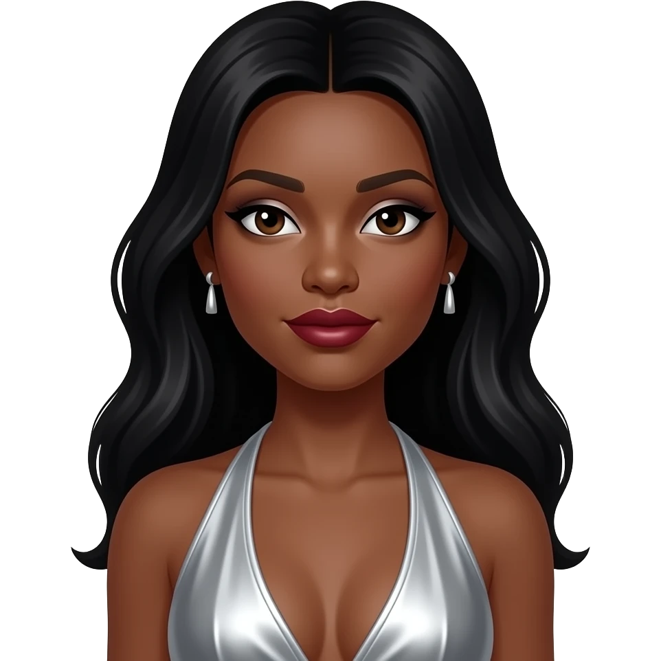 Dawn Richards from dark skin, dark brown eyes, long black hair, silver eyeshadow, dark red lipstick, silver metallic halter dress, silver earrings emoji