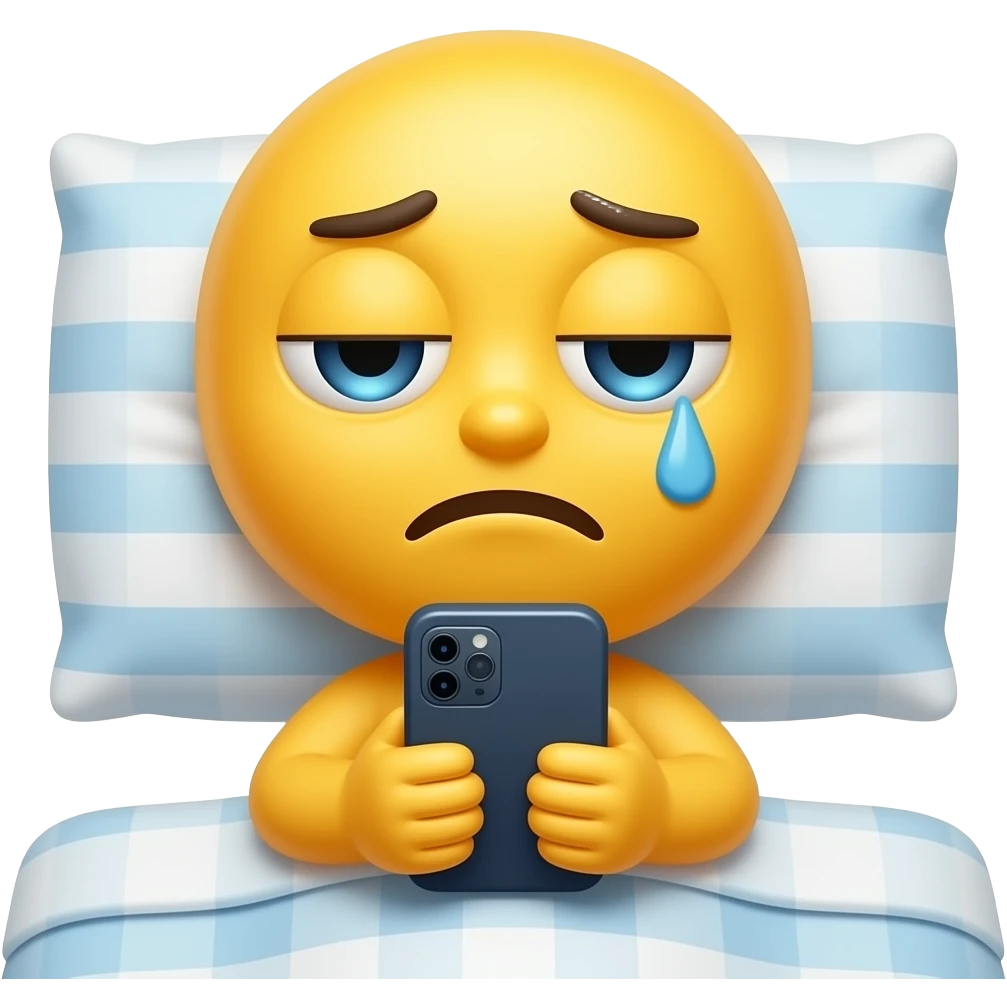 Yellow emoji face that looks tired & sleepy with one eye open and one eye shut checking phone messages in bed emoji