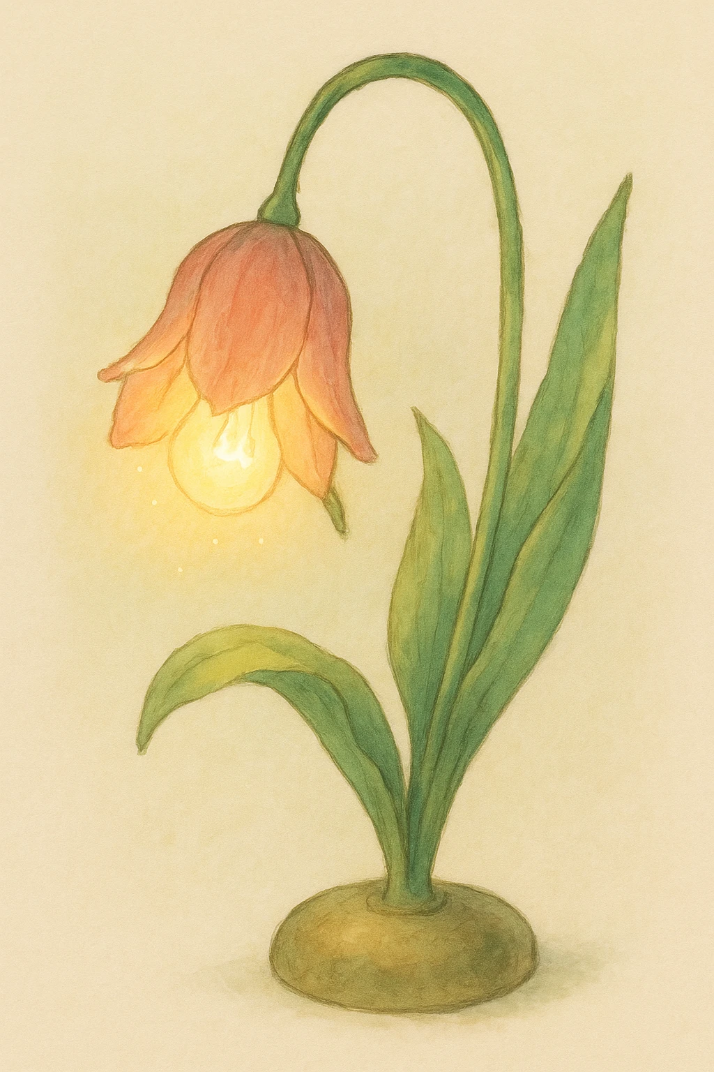 a lamp made out of a tulip flower, the bulb in the flower, drooping over, natural colors, soft, fairy-like atmosphere, no background emoji