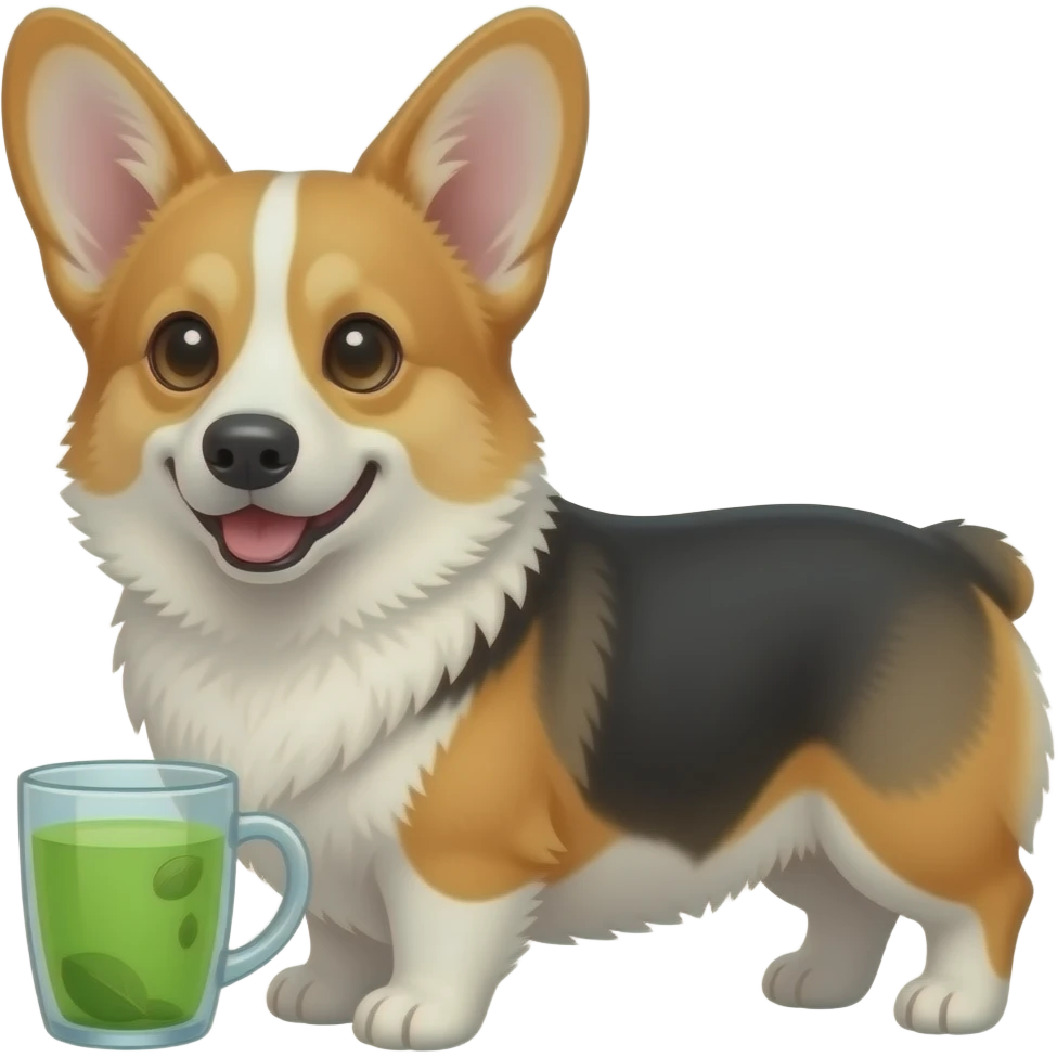 tricolor corgi with green tea emoji