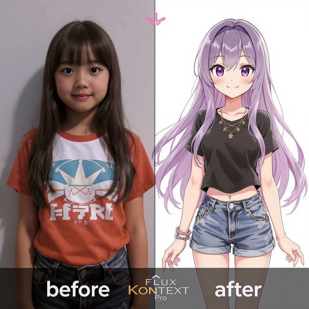 create before after image of a girl before is realsitic photo, after is anime version of her in same pose and clothes, add logo with text of a "FLUX Kontext Pro" emoji