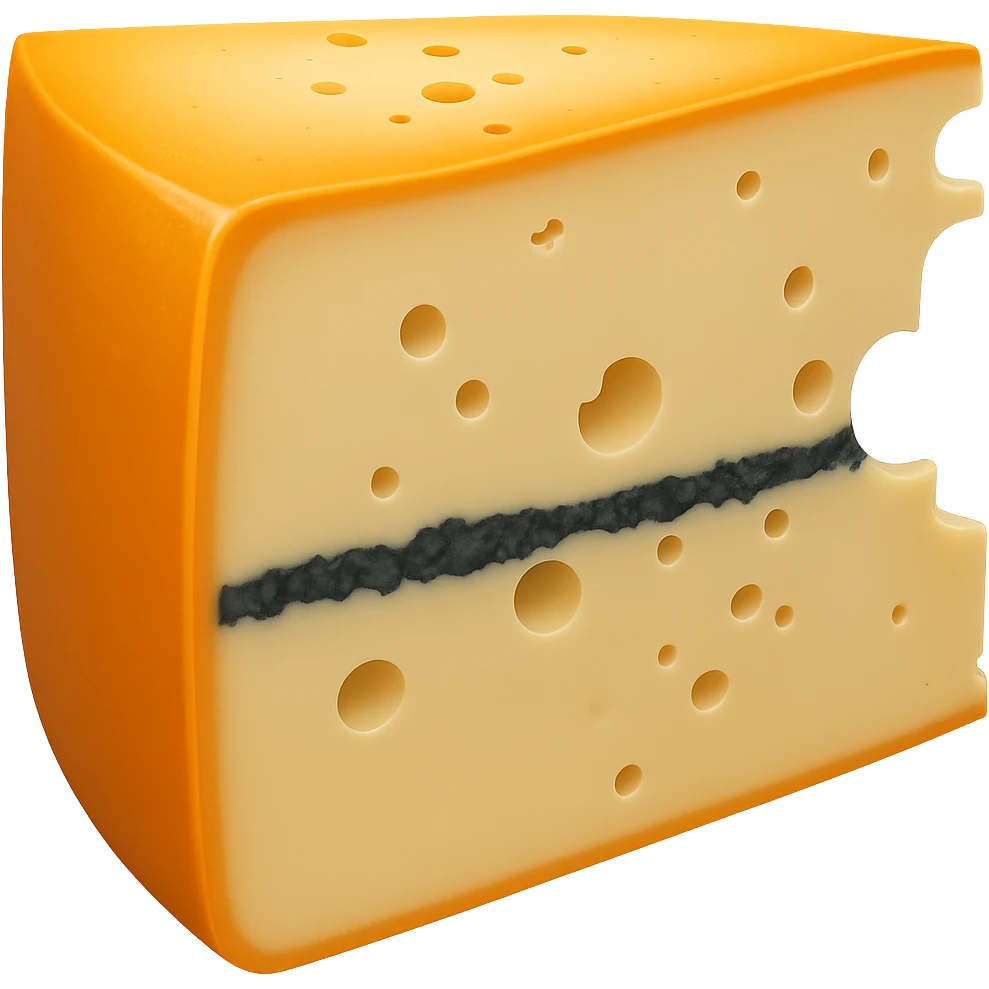Make the blue-grey ash line in the center of the Morbier cheese wedge noticeably thicker, keeping the rest of the cheese details the same. Maintain the apple emoji style with soft lighting and subtle shadows. Transparent background, emoji scale. emoji