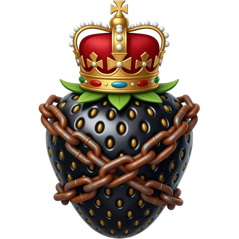 a black strawberry with a rusty, richly decorated English royal crown on top that is flaming. An oversized rusty chain is wrapped around the strawberry's body and is spinning around its body emoji