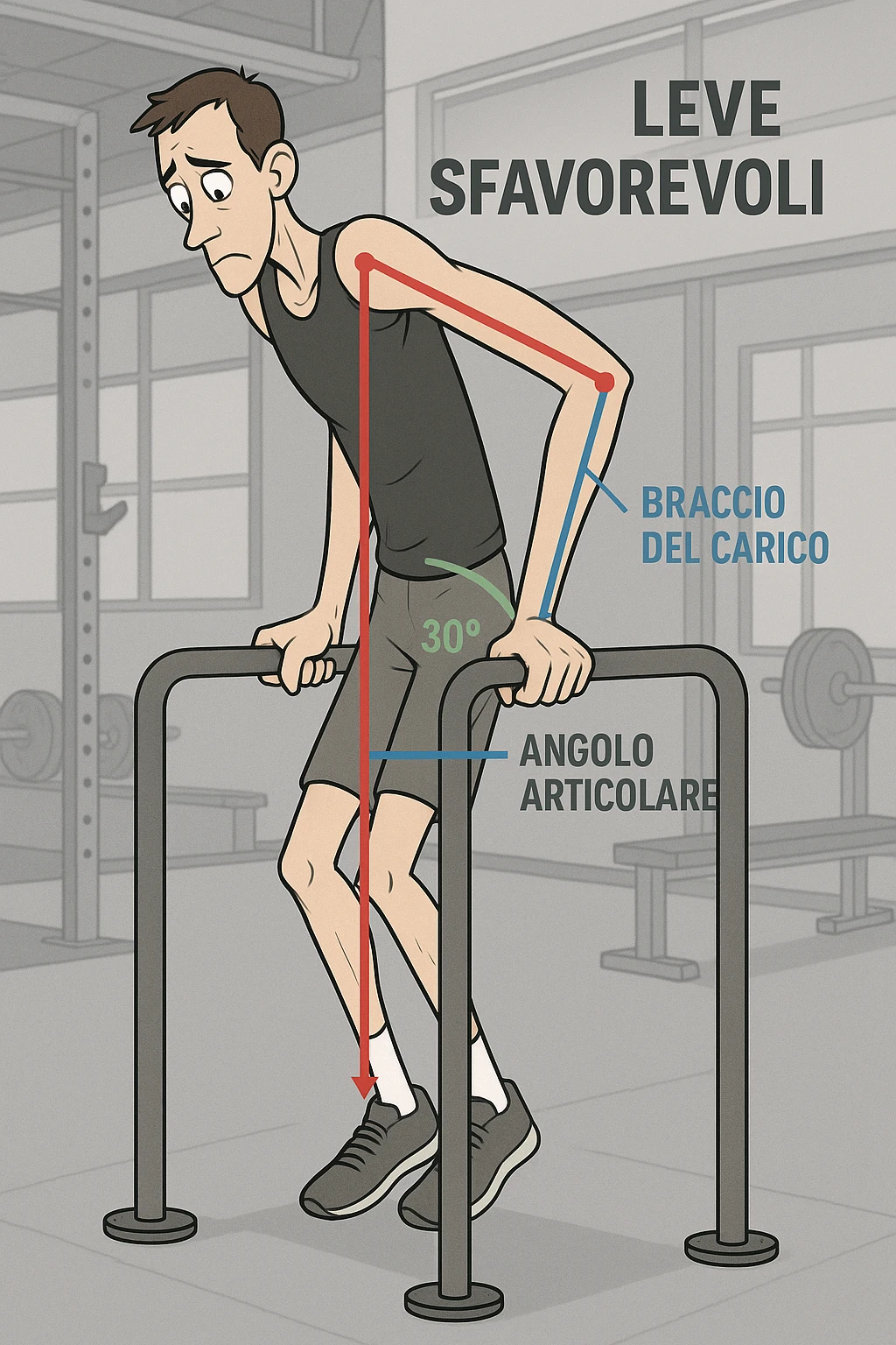 a tall, lean man with very long arms and a short torso attempts a dip on parallel bars. His elbows are deeply bent and his body appears awkwardly positioned, highlighting the mechanical disadvantage. An overlay shows anatomical lines and angles, with labels explaining “Leve Sfavorevoli” The background is a modern gym, with a focus on biomechanics. in italiano emoji