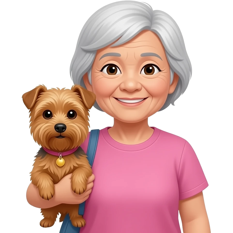 Asian grandma wearing pink tshirt with short white hair carrying brown terrier emoji