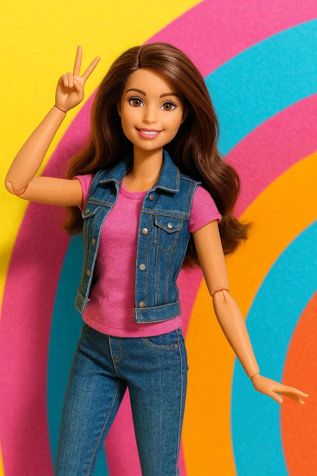 brunette Barbie, casual clothes, playful pose, bright and colorful background emoji