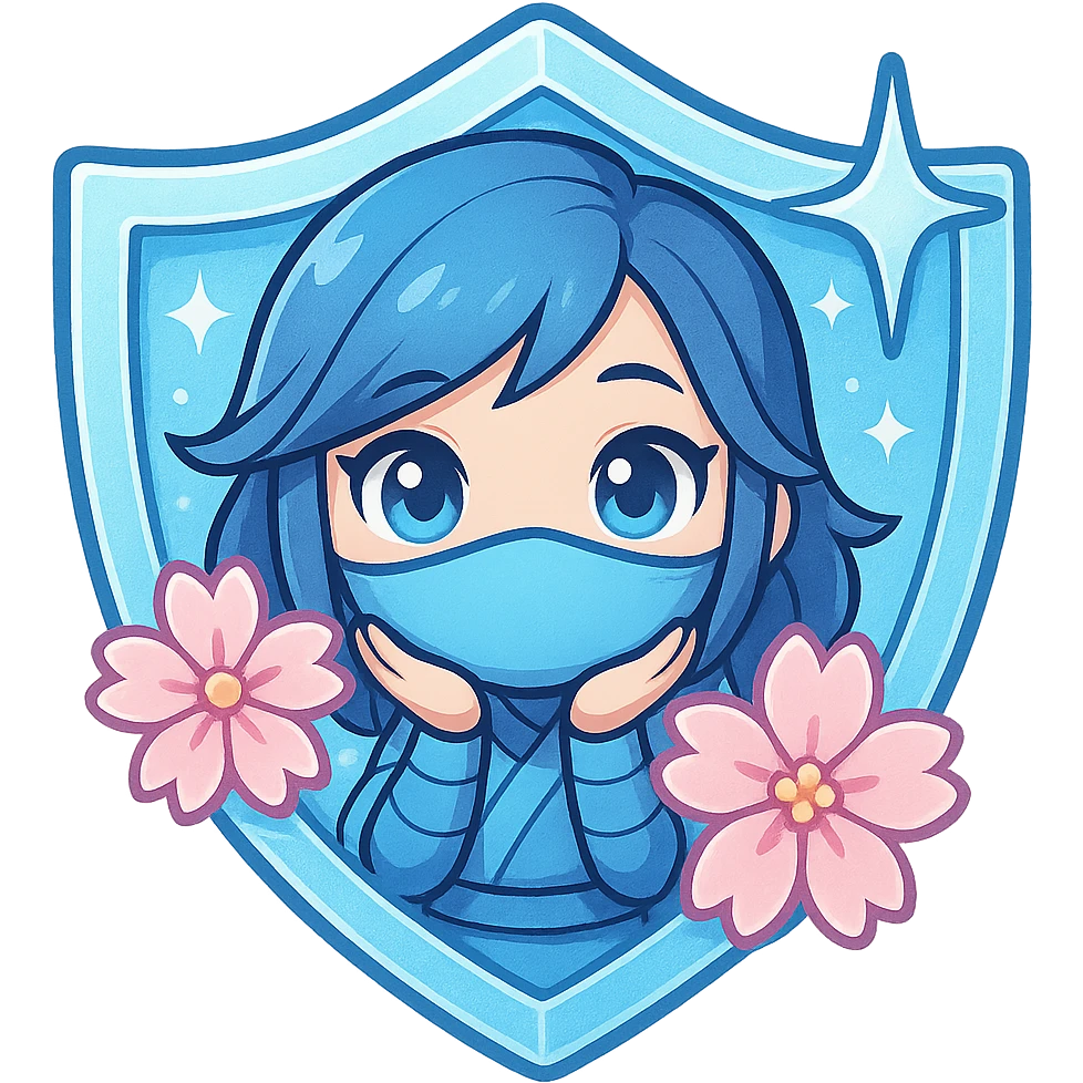 Change the badge color to diamond (icy blue/white with shimmer) for the Diamond rank, keeping the same design of a chibi ninja girl with sakura flowers and sparkly effects, maintaining the badge shape. The image should have a transparent background and be sized for Twitch or Discord use. emoji