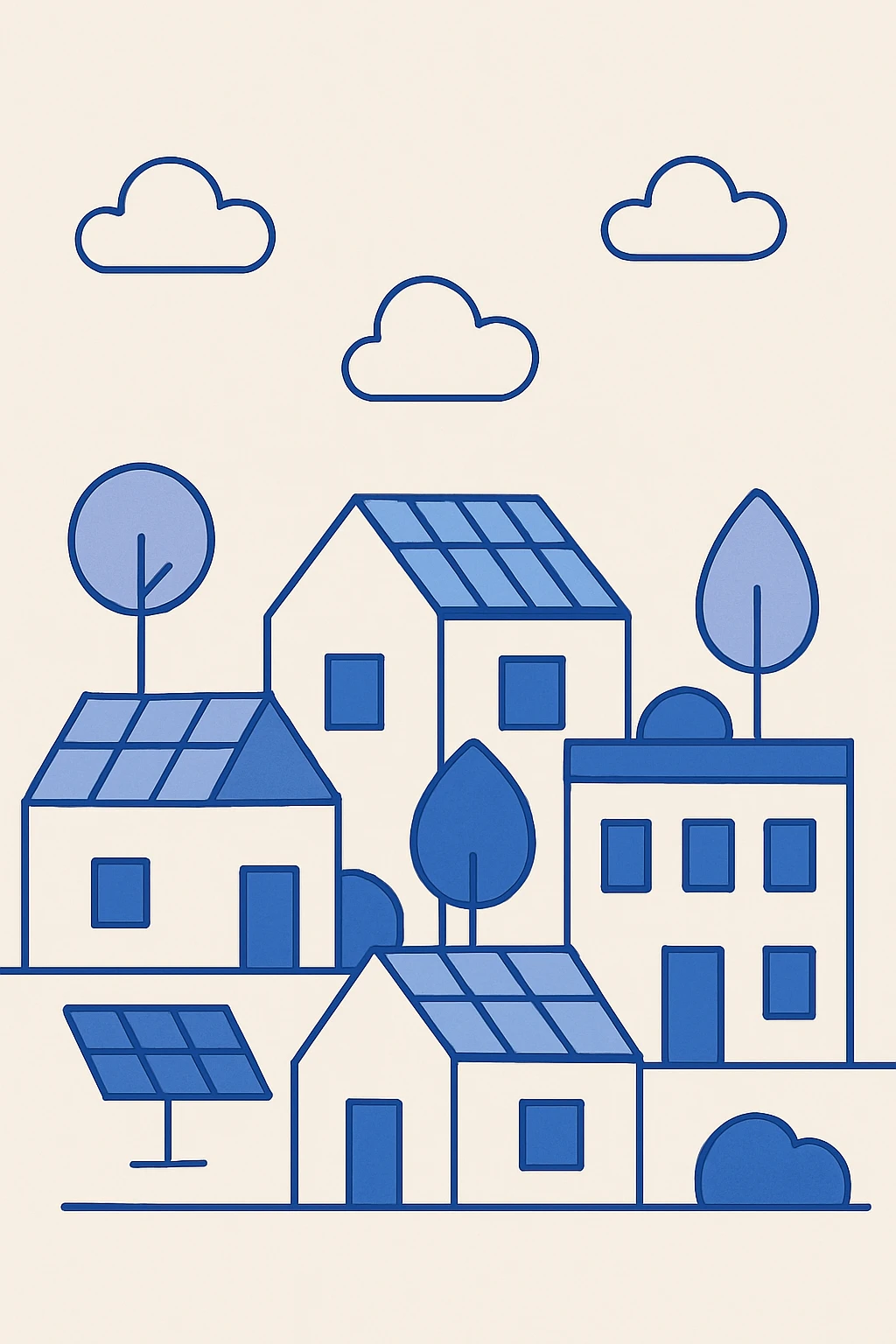 a modern village with solar panels, flat blue style emoji