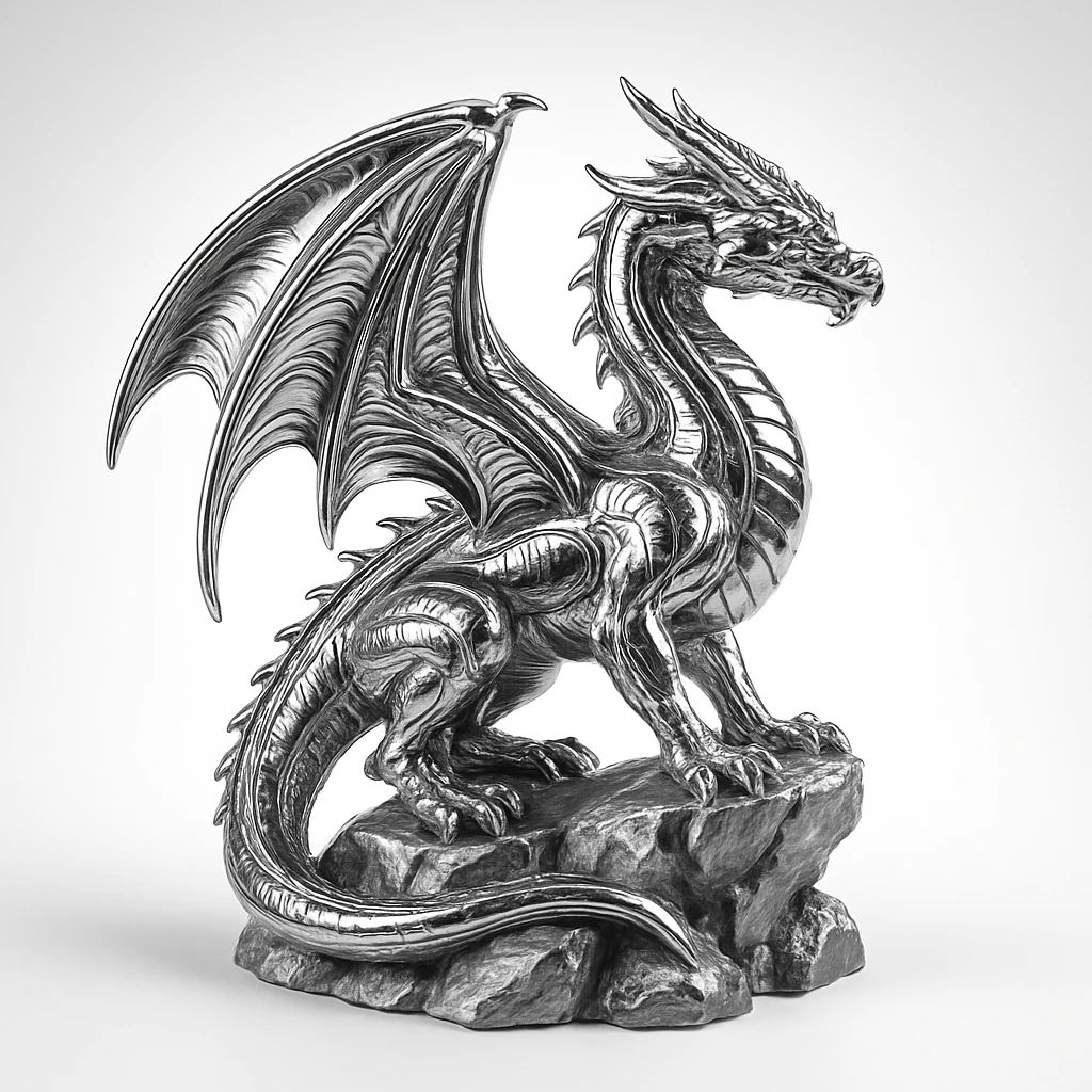 A dragon perched on a rocky outcrop, its entire form rendered in a polished chrome style, 1:1 aspect ratio. emoji