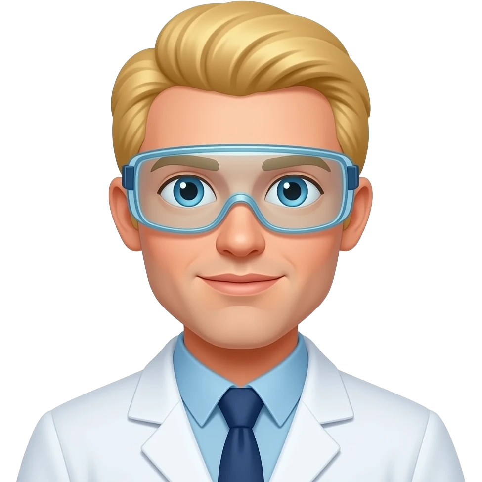 male, lab scientist, blonde, pony tail, long hair, goggles, no facial hair emoji
