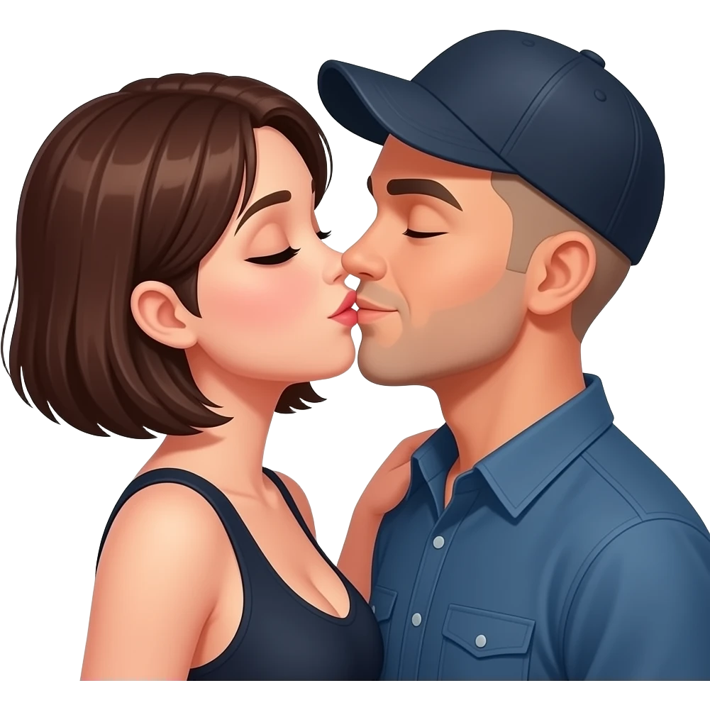 Happy In love Sexy lady short brown hair kissing bald man with a cap emoji