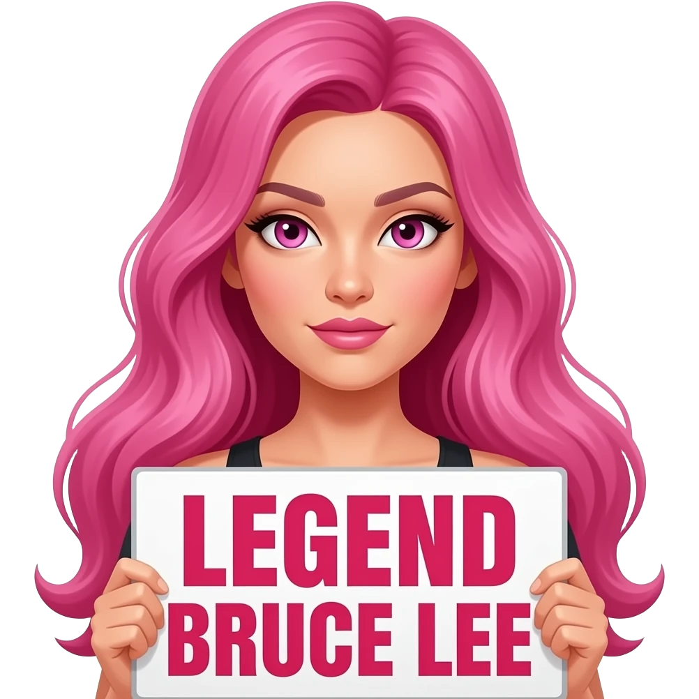 sexy girl with long pink hair and pink eyes holding LEGEND BRUCE LEE sign emoji