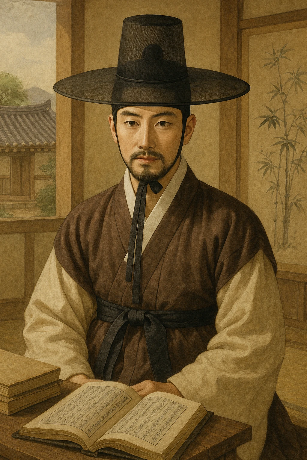 Joseon Dynasty scholar wearing a traditional Korean gat hat, Korean traditional atmosphere, neat and intellectual expression, dressed in traditional hanbok emoji