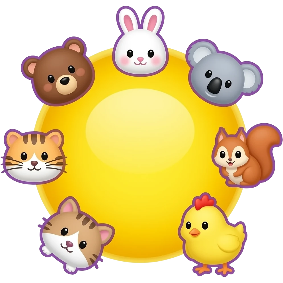 Same as this design, Yellow Smiley in the centre,with space to write around the smiley, circle form ,serrounded by the head only of these symbol 🐻🐰🐨🐈🐹🐿🐥 Small size. Bright yellow background instead of red, 2 lighter purple outlines emoji