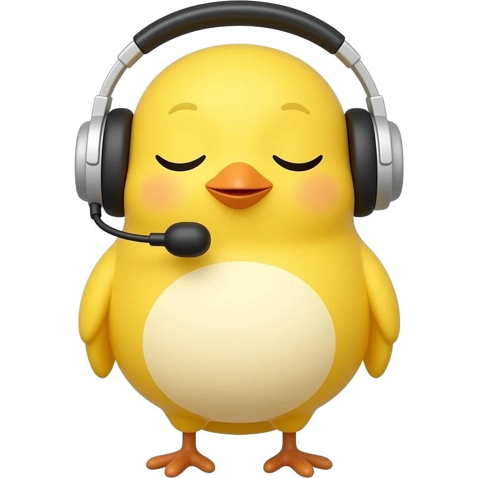 lovable small yellow bird wearing headphones (but no microphone) and listening to music with her eyes closed in a reverie. the image must be a transparent .png emoji
