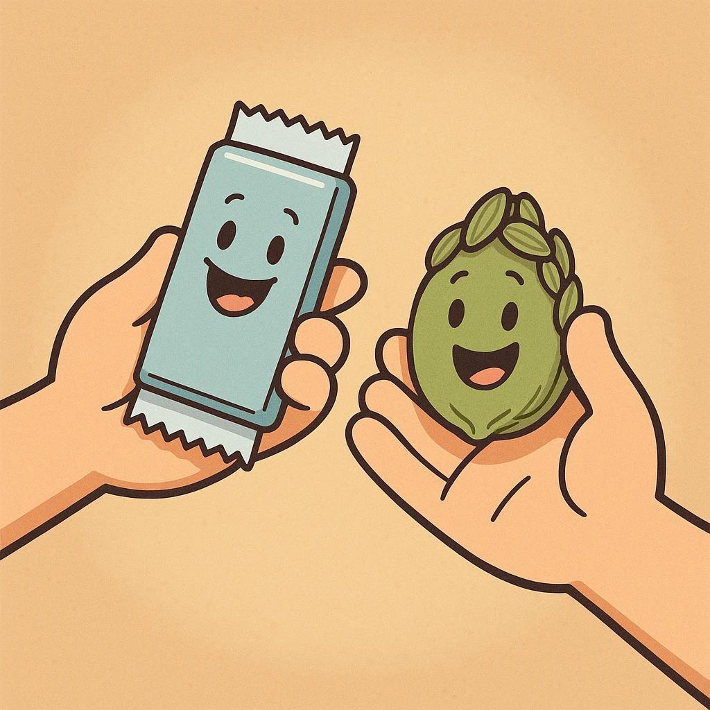 two cartoon hands exchanging items, one hand gives chewing gum, the other gives saunf, with happy faces on the items, playful and cute emoji