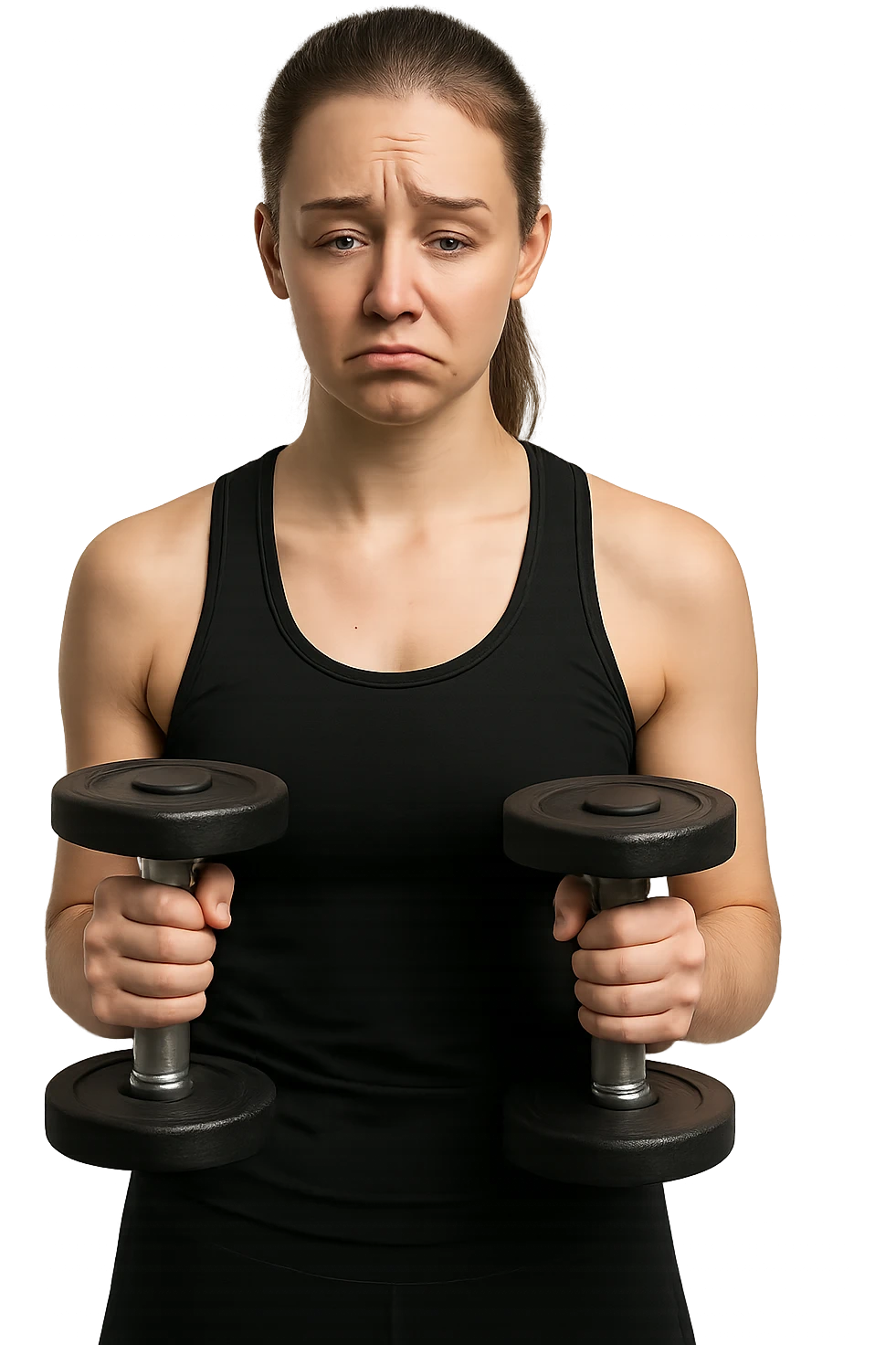 DONNA FITNESS CON MANUBRI DA PALESTRA IN MANO ED ESPRESSIONE TRISTE emoji