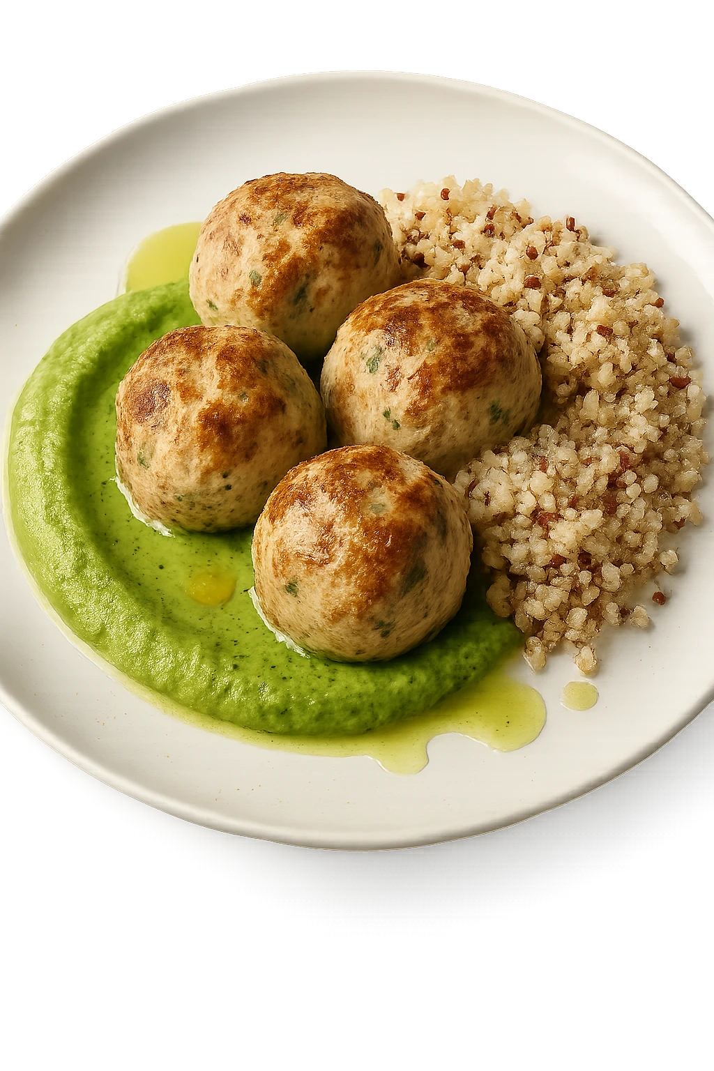 polpette di tacchino, purè di zucchine, quinoa e olio di oliva, iperrealistico 4k emoji